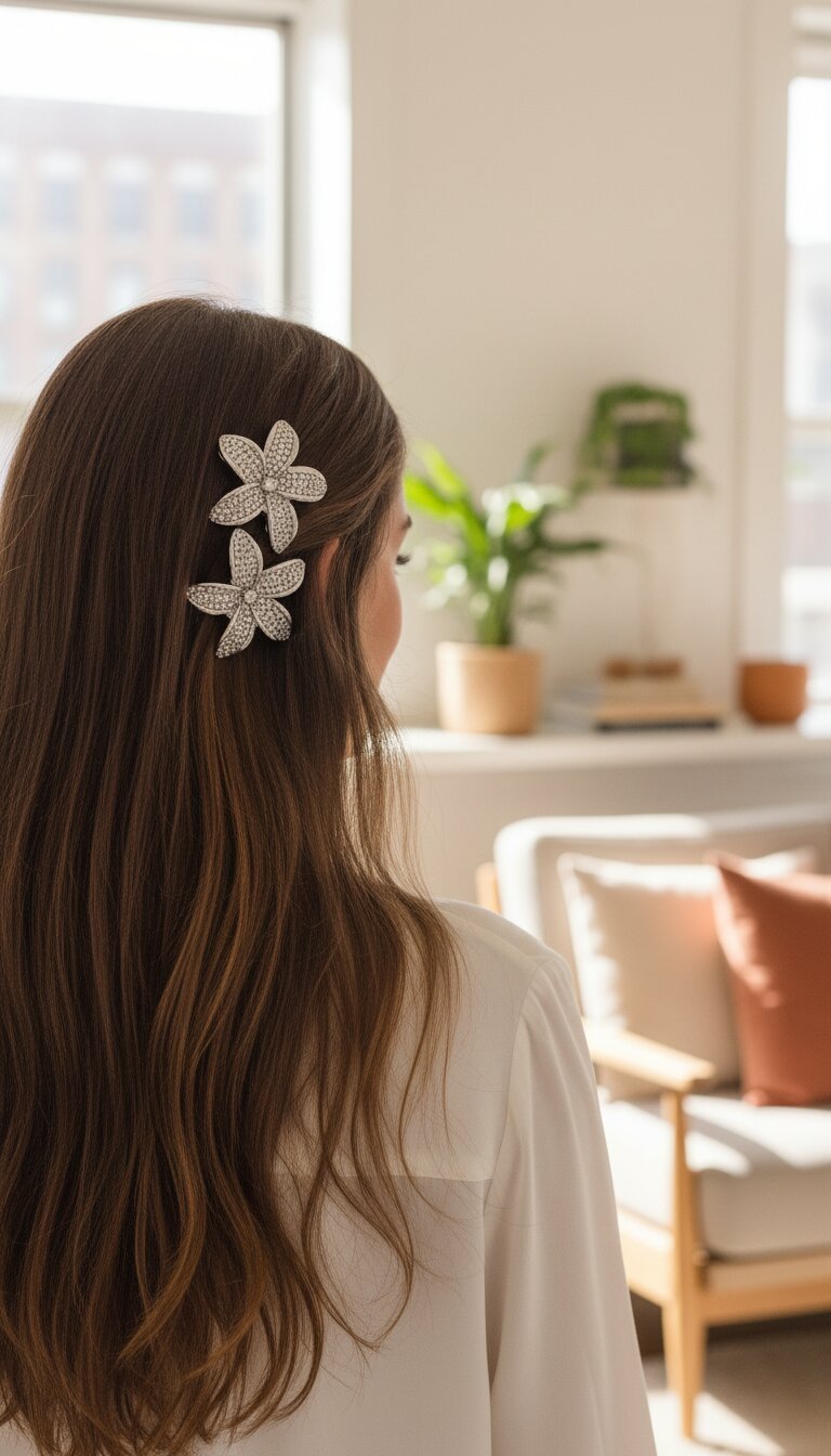 VORALIE sparkle clips styled — premium bow and floral hair clips